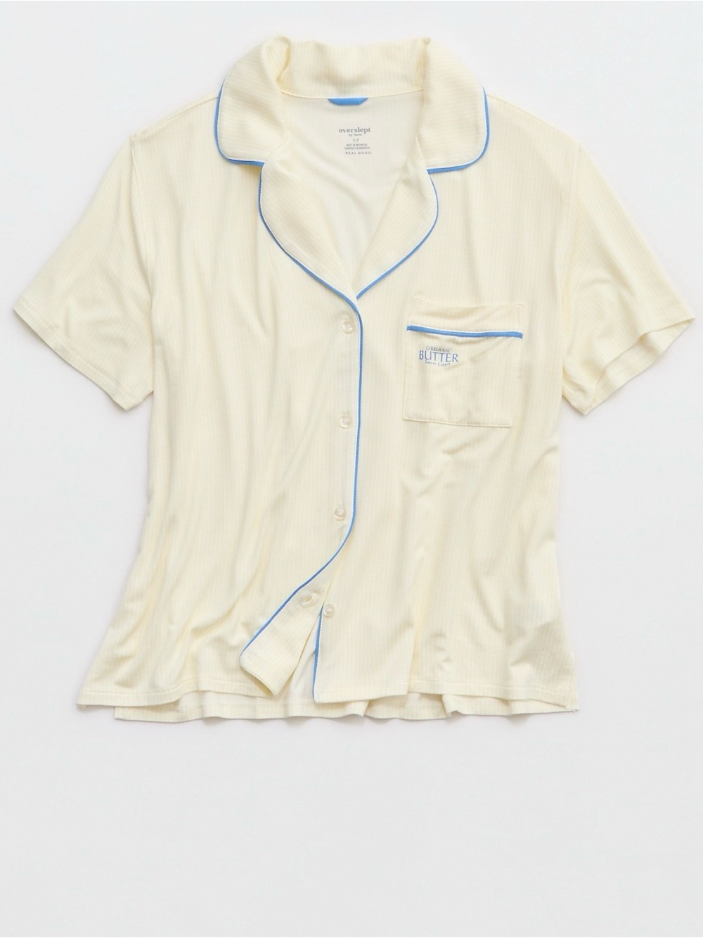 aerie Cream Short-Sleeve Pajama Top with Blue Piping